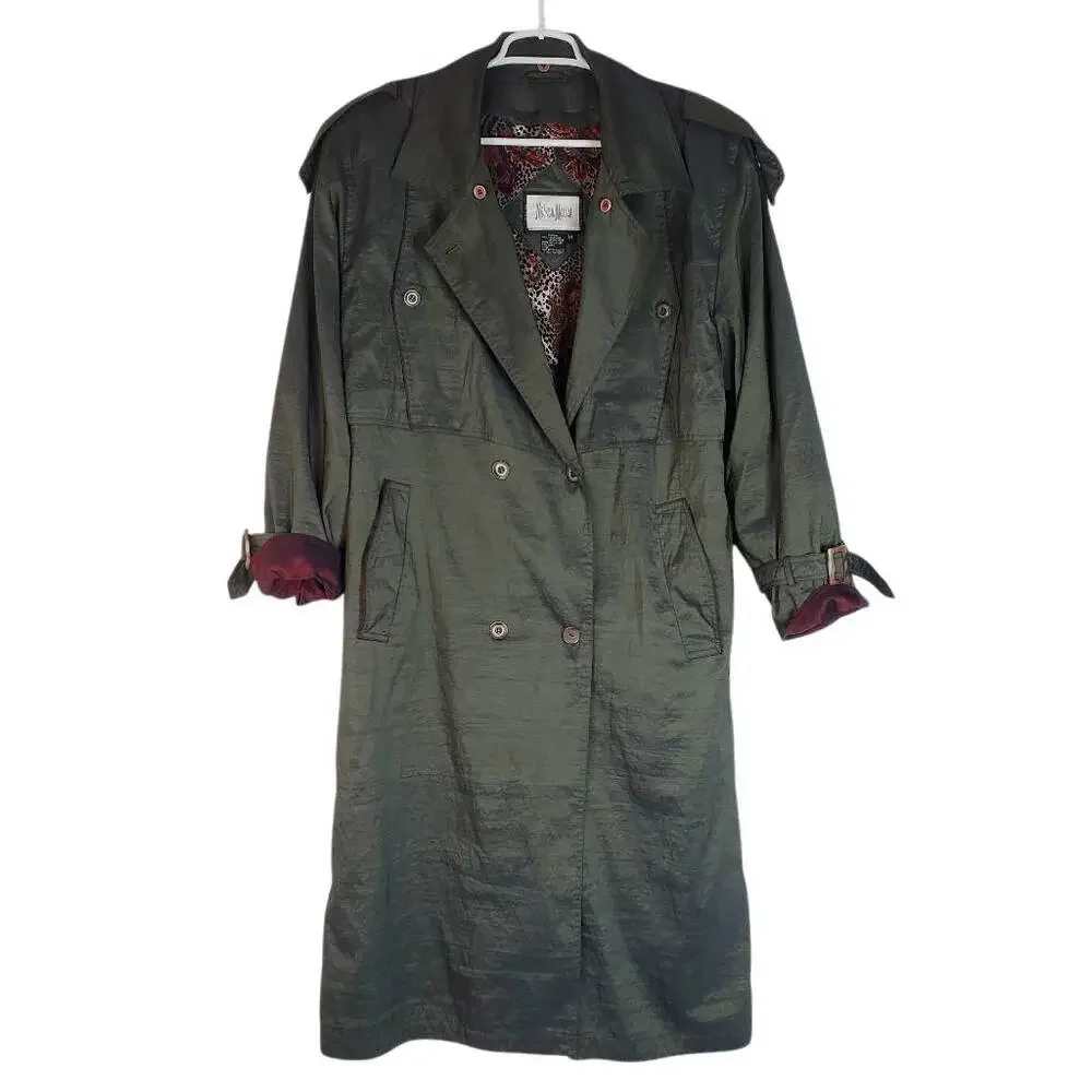 Neiman Marcus Double Breasted Belted Water Resistant Trench Coat Olive Green 14‎